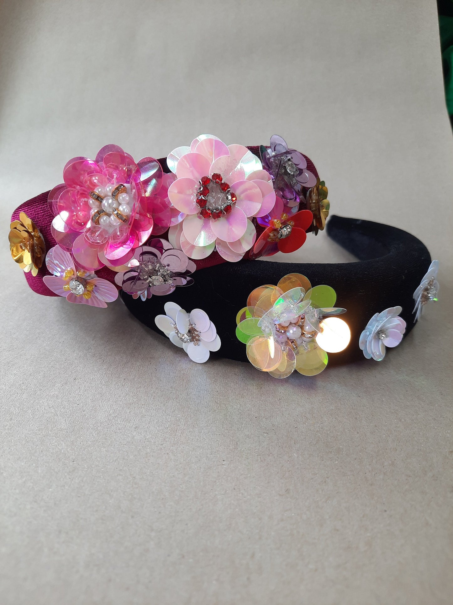 Floral Sequin Velvet Headband, Colourful Alice Band
