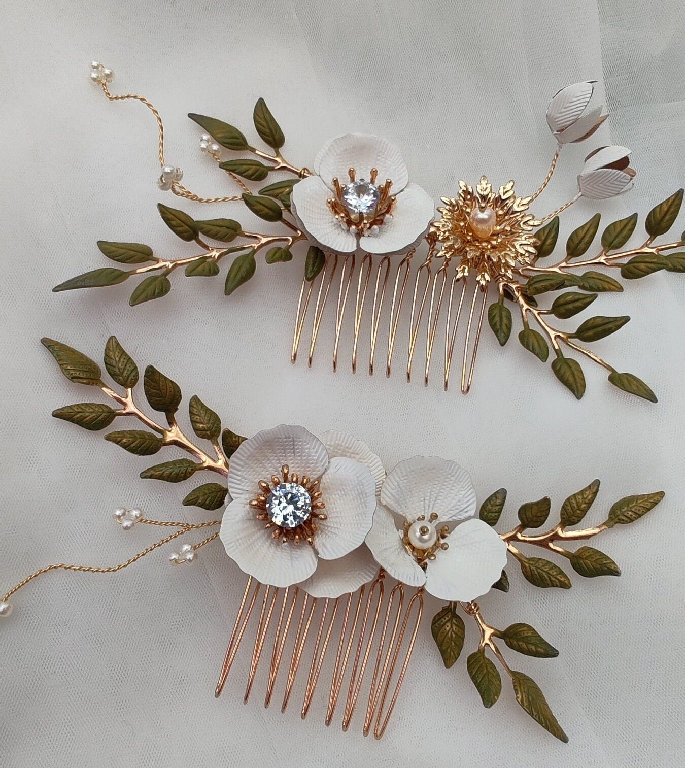 Rose Gold Floral Bridal Hair Comb, Pearl & Enamel Flowers