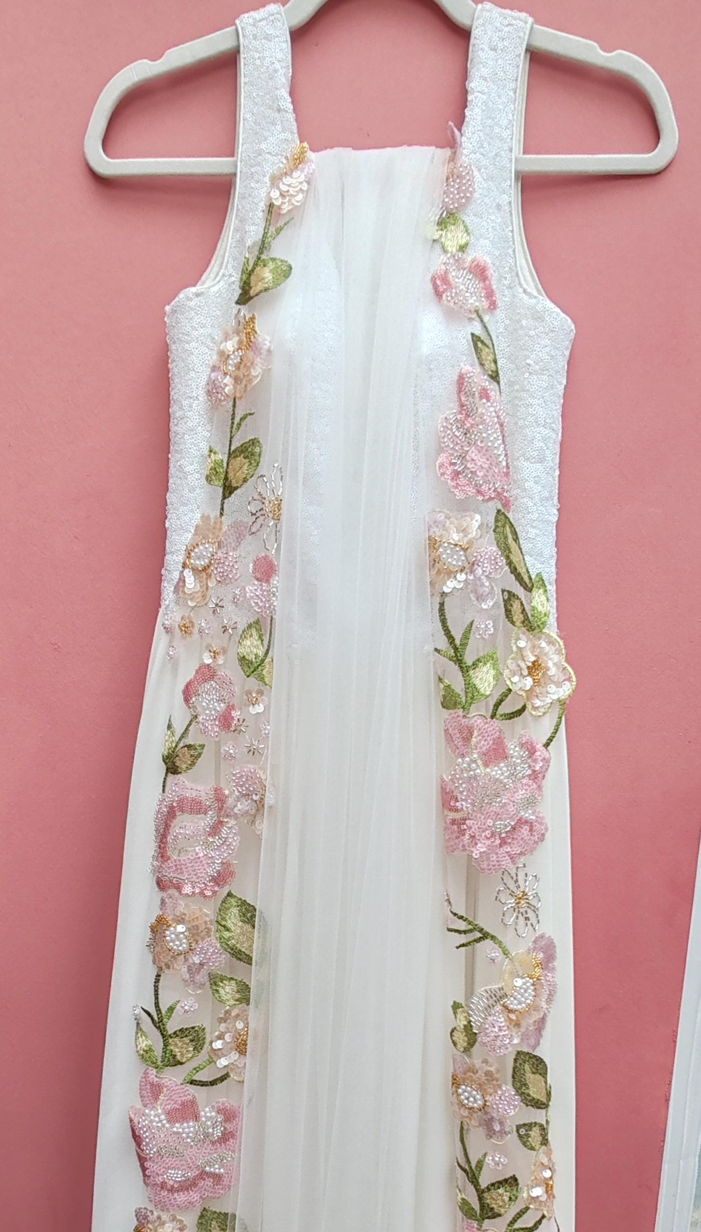 Pink floral wedding veil. Trim and Train design. Embroidered Flower Bridal Veil, Evelyn.