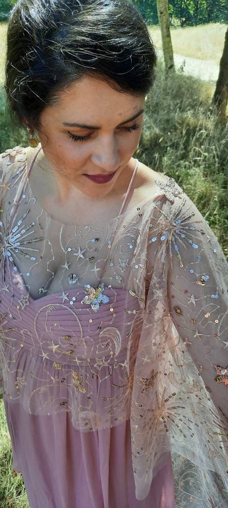 Rose gold celestial veil - Star Crossed Lovers in Rose Gold / Starry Veil / Star Cape / Pink Bridal Cover up / Sequined Cape