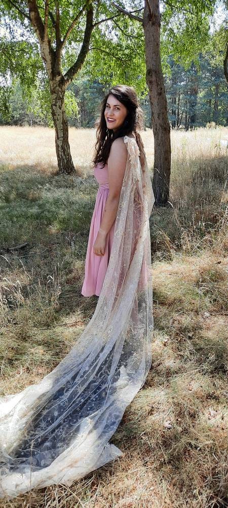 Gold Star Crossed Lovers Veil or Cape / Celestial Wedding Cape / Starry Veil / Star Sign Cape