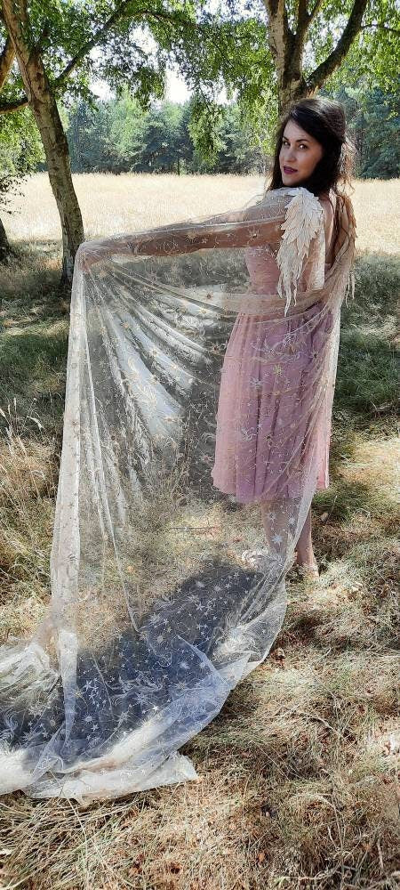 Gold Star Crossed Lovers Veil or Cape / Celestial Wedding Cape / Starry Veil / Star Sign Cape