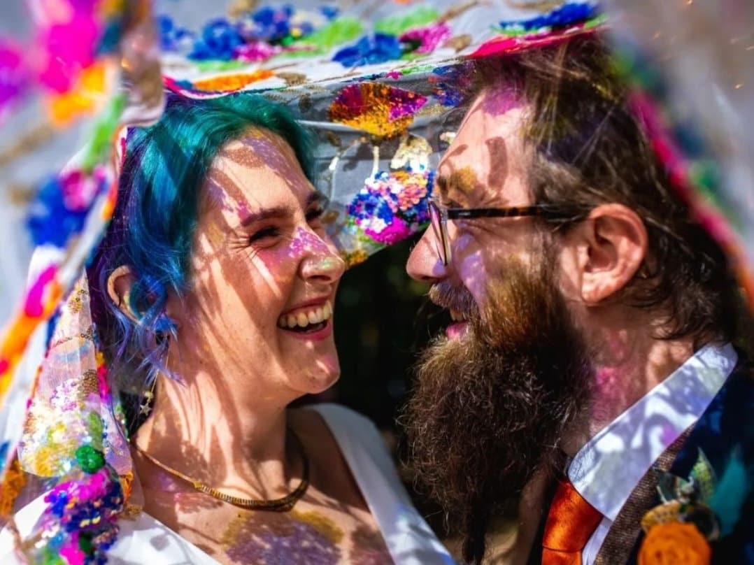 Beautiful rainbow sequin veil. Colourful alternative bridal veil.