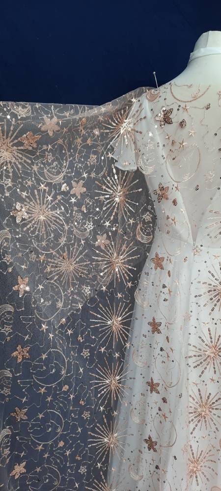 Rose gold celestial veil - Star Crossed Lovers in Rose Gold / Starry Veil / Star Cape / Pink Bridal Cover up / Sequined Cape