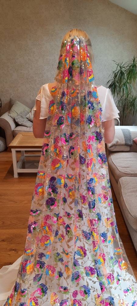 Beautiful rainbow sequin veil. Colourful alternative bridal veil.