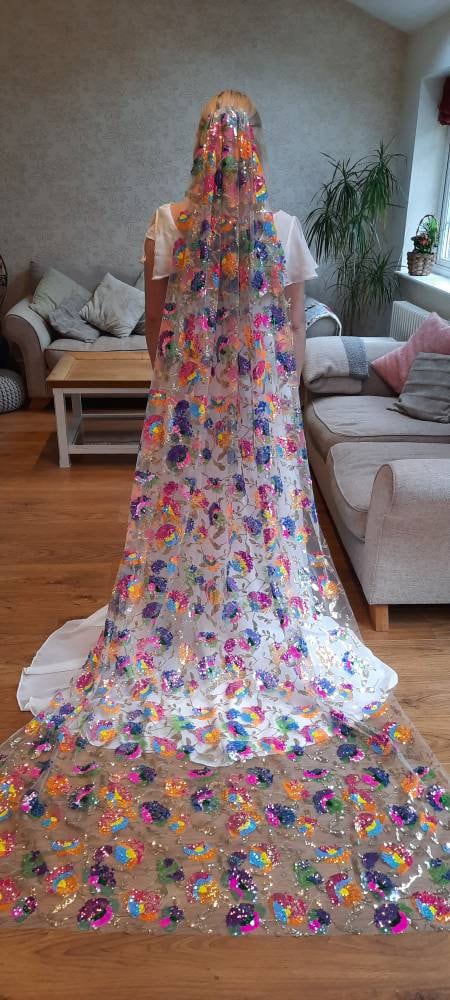 Beautiful rainbow sequin veil. Colourful alternative bridal veil.