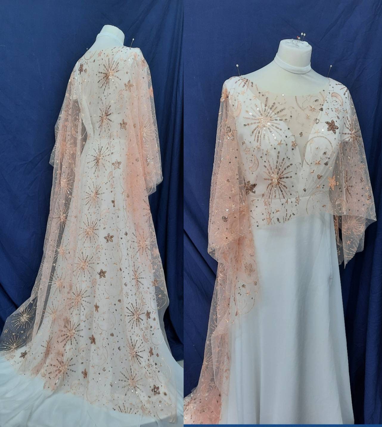 Rose gold celestial veil - Star Crossed Lovers in Rose Gold / Starry Veil / Star Cape / Pink Bridal Cover up / Sequined Cape