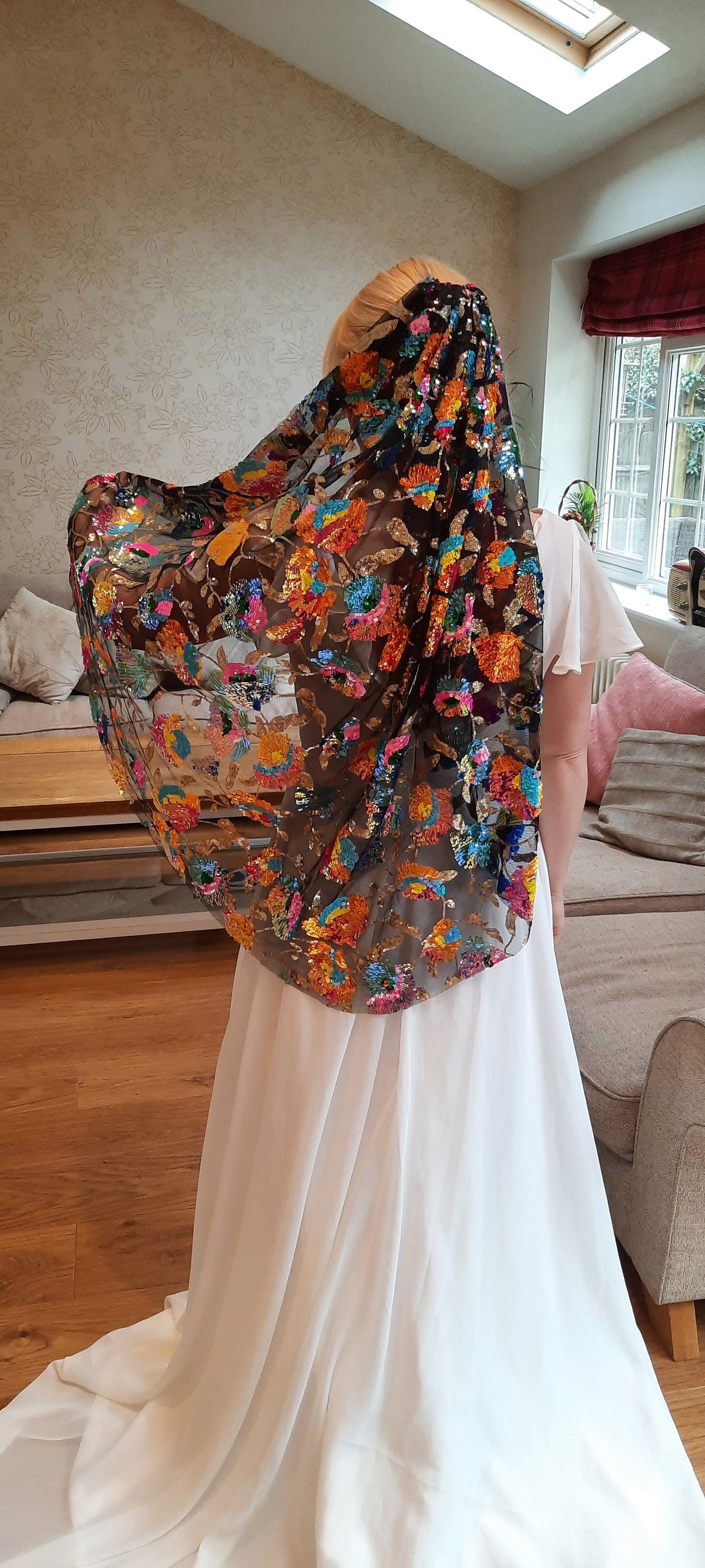 Beautiful rainbow sequin veil. Colourful alternative bridal veil.