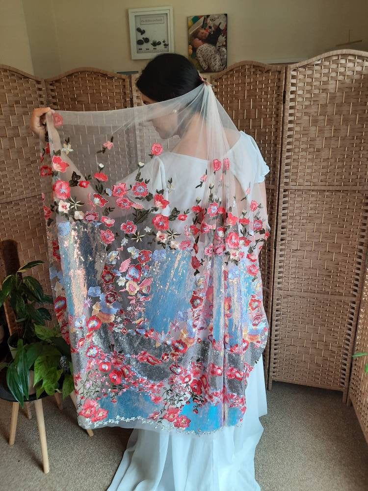 Pink floral sequin veil. Colourful alternative bridal veil. Valentina.