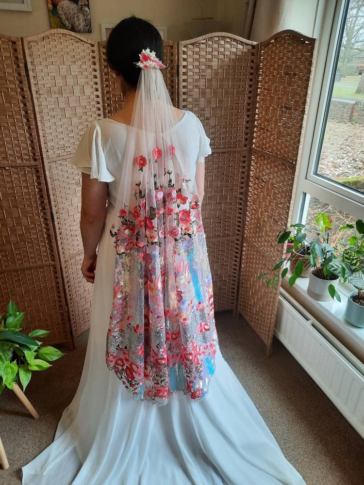 Pink floral sequin veil. Colourful alternative bridal veil. Valentina.