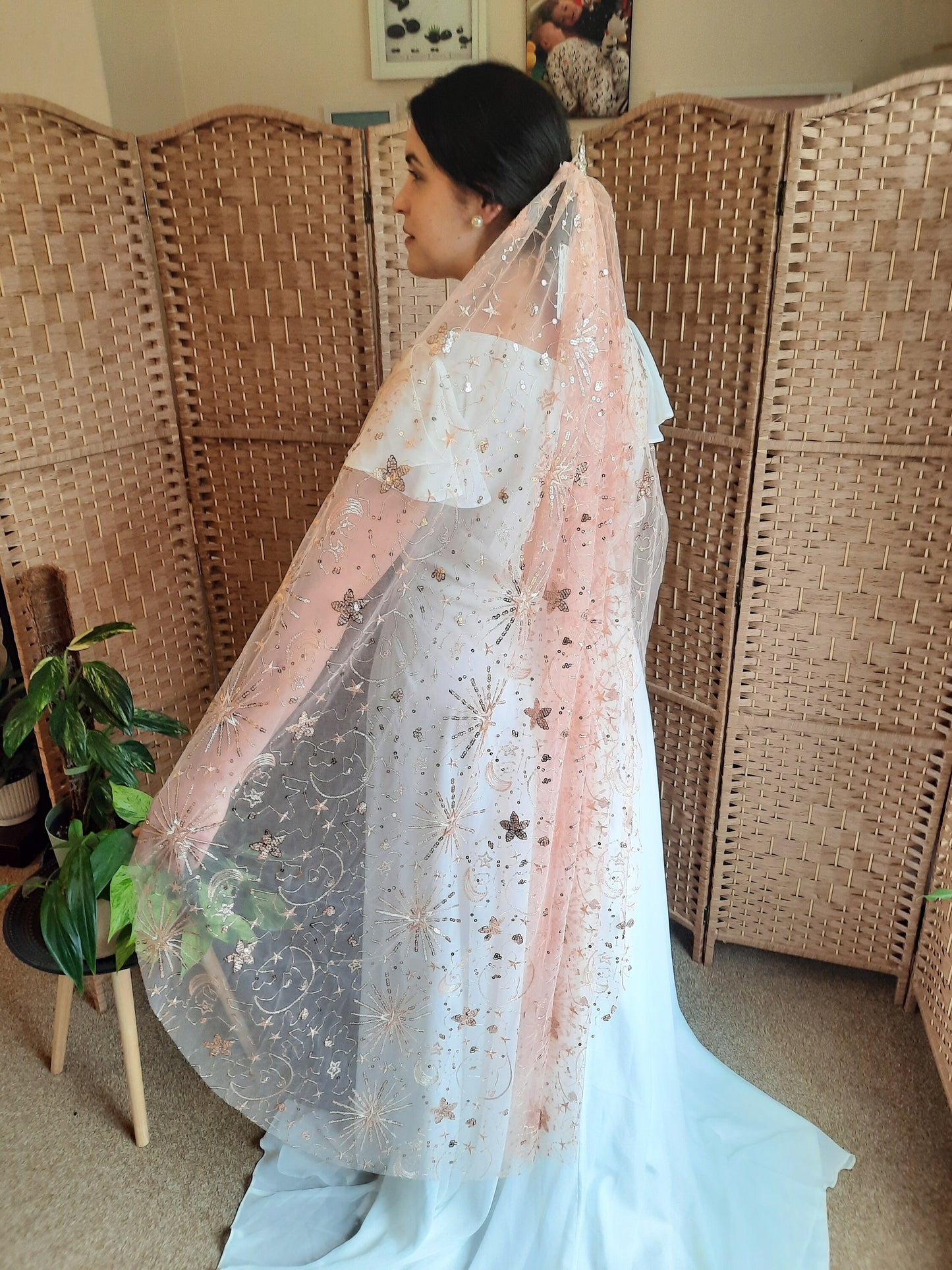 Rose gold celestial veil - Star Crossed Lovers in Rose Gold / Starry Veil / Star Cape / Pink Bridal Cover up / Sequined Cape