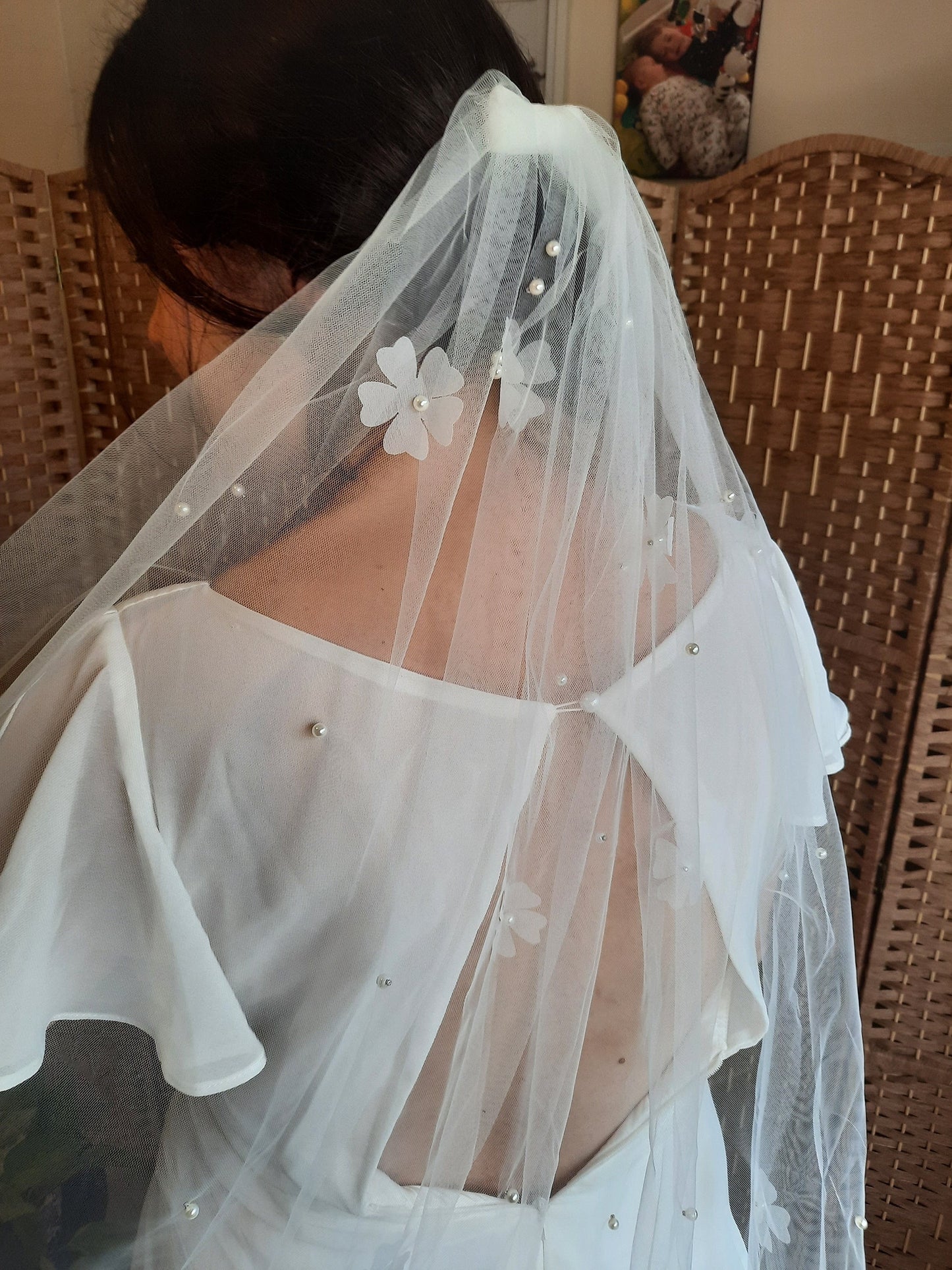 Soft white floral & pearl veil. Veil with 3d flowers and pearls. Classic veil with a twist.
