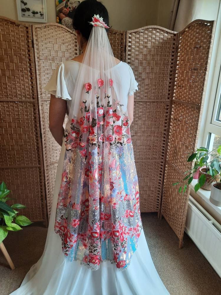 Pink floral sequin veil. Colourful alternative bridal veil. Valentina.