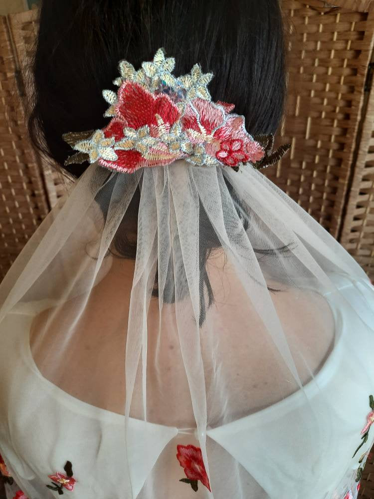 Pink floral sequin veil. Colourful alternative bridal veil. Valentina.