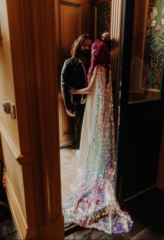 Sequin Cape / Iridescent sequin bridal cape / Rainbow wedding cape / Pastel sequin bridalwear / Pink bridal cape