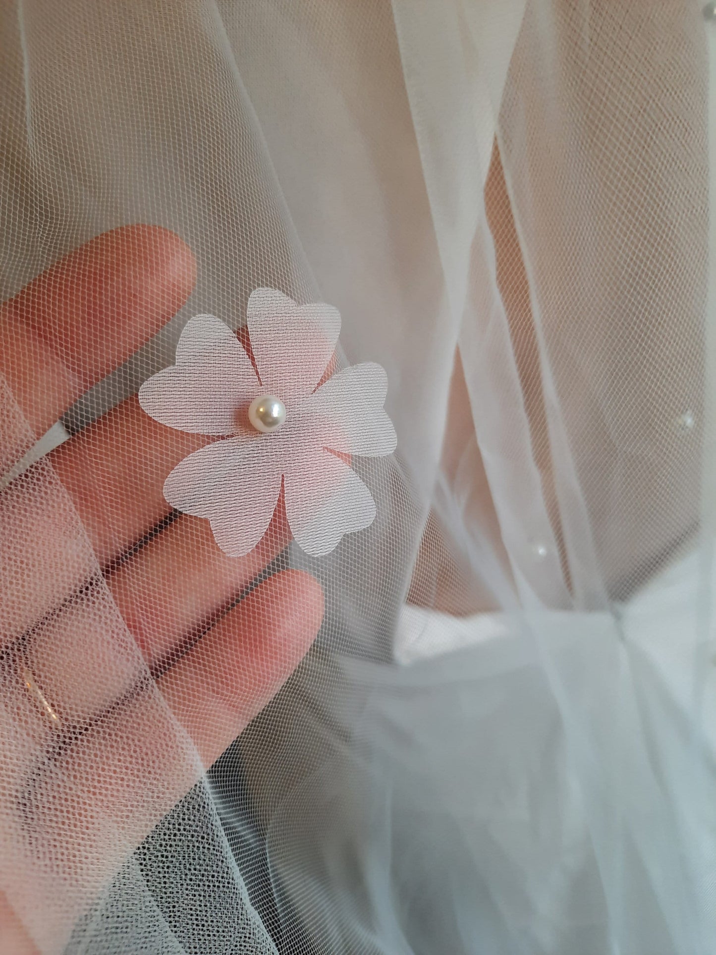 Soft white floral & pearl veil. Veil with 3d flowers and pearls. Classic veil with a twist.