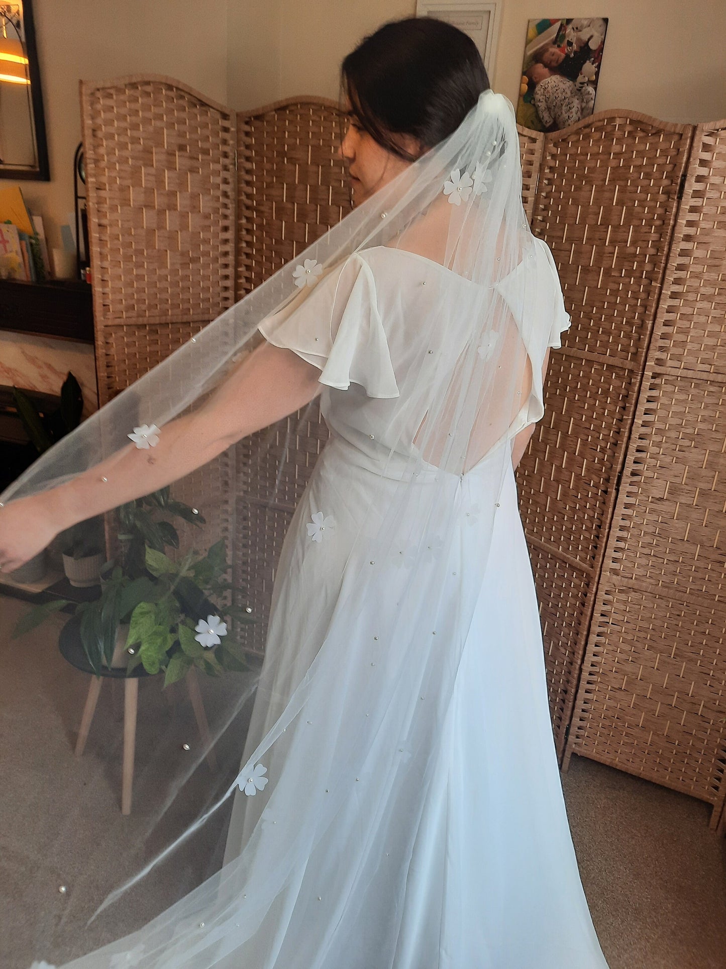 Soft white floral & pearl veil. Veil with 3d flowers and pearls. Classic veil with a twist.