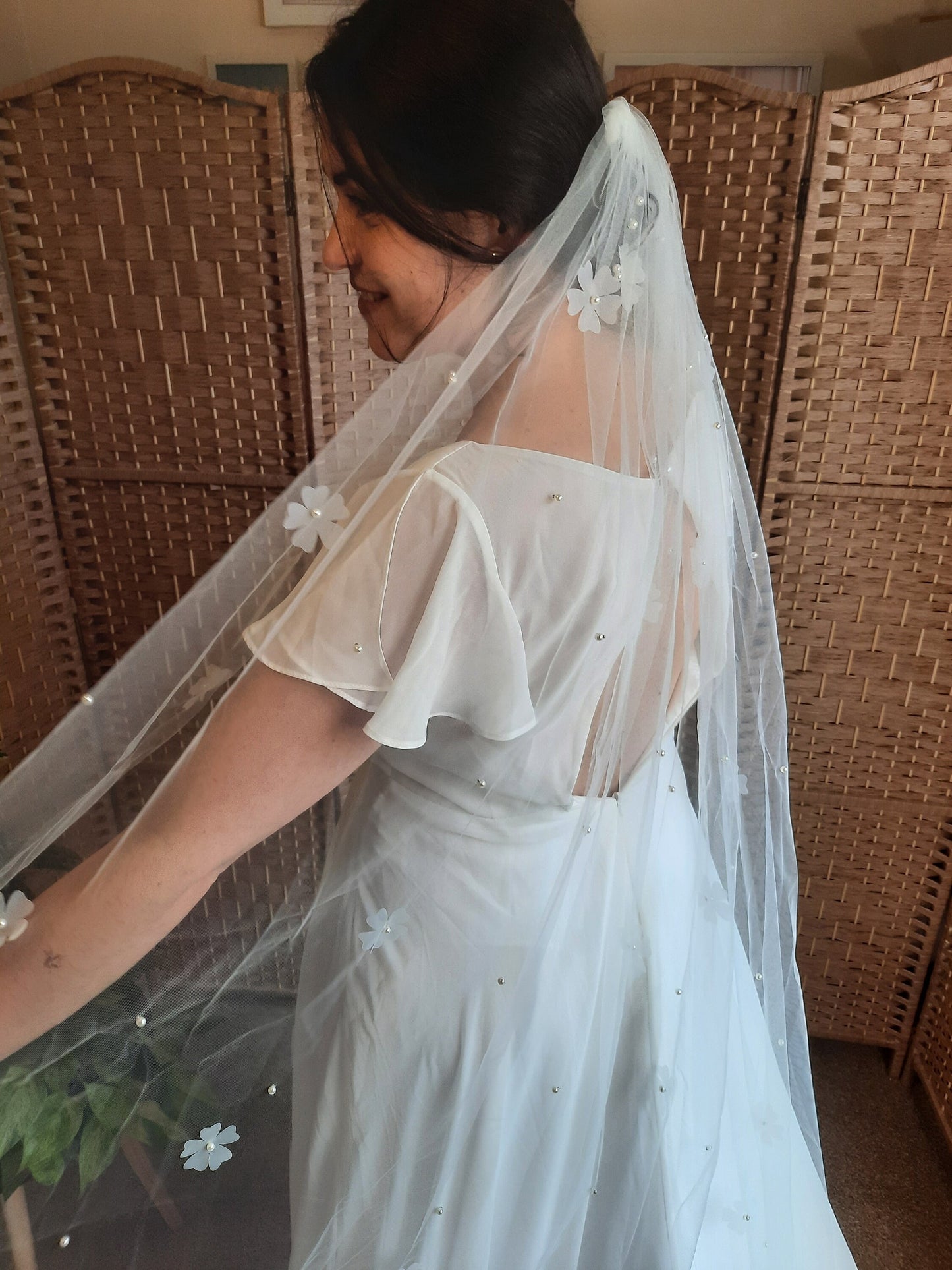 Soft white floral & pearl veil. Veil with 3d flowers and pearls. Classic veil with a twist.