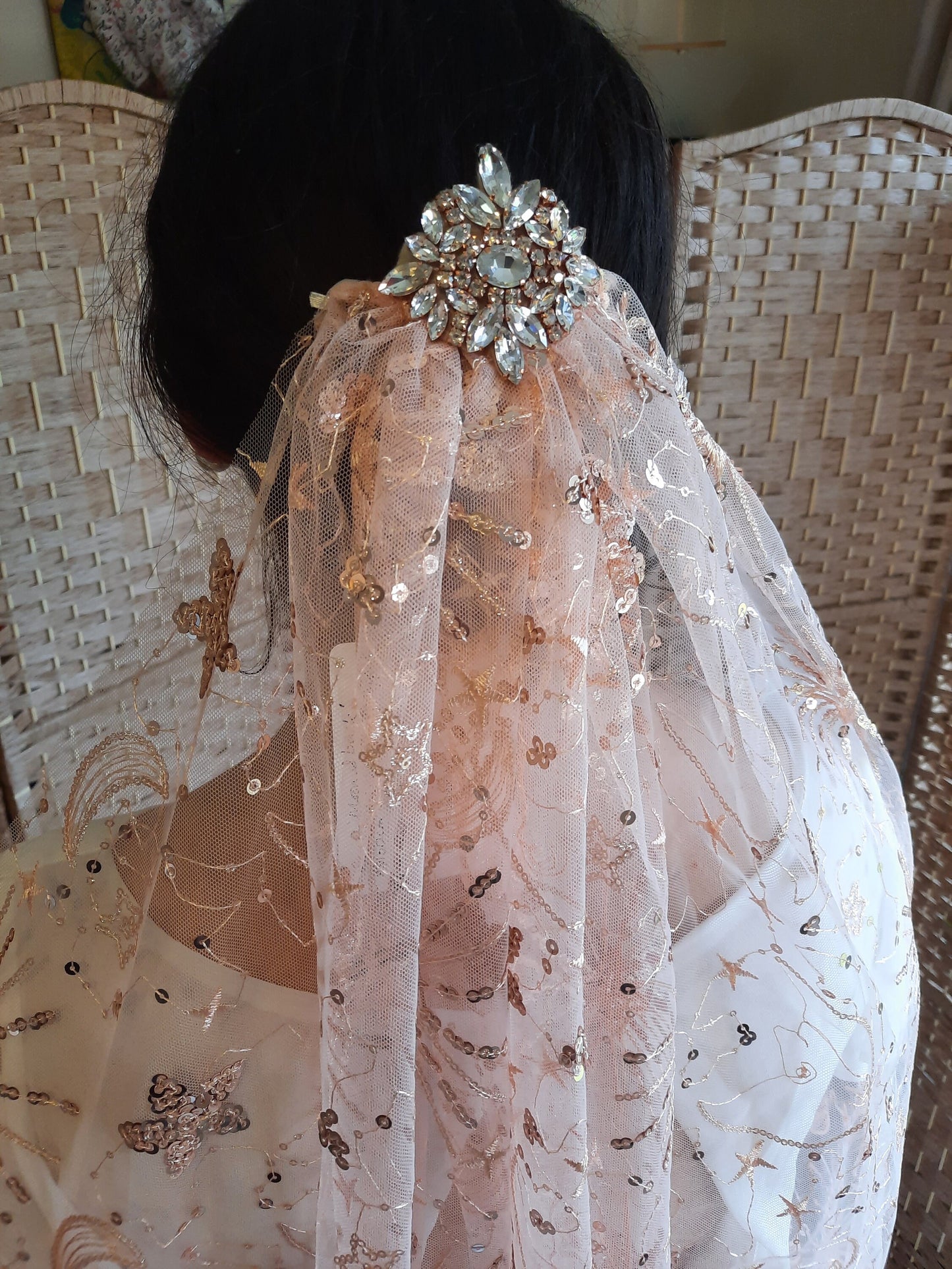 Rose gold celestial veil - Star Crossed Lovers in Rose Gold / Starry Veil / Star Cape / Pink Bridal Cover up / Sequined Cape