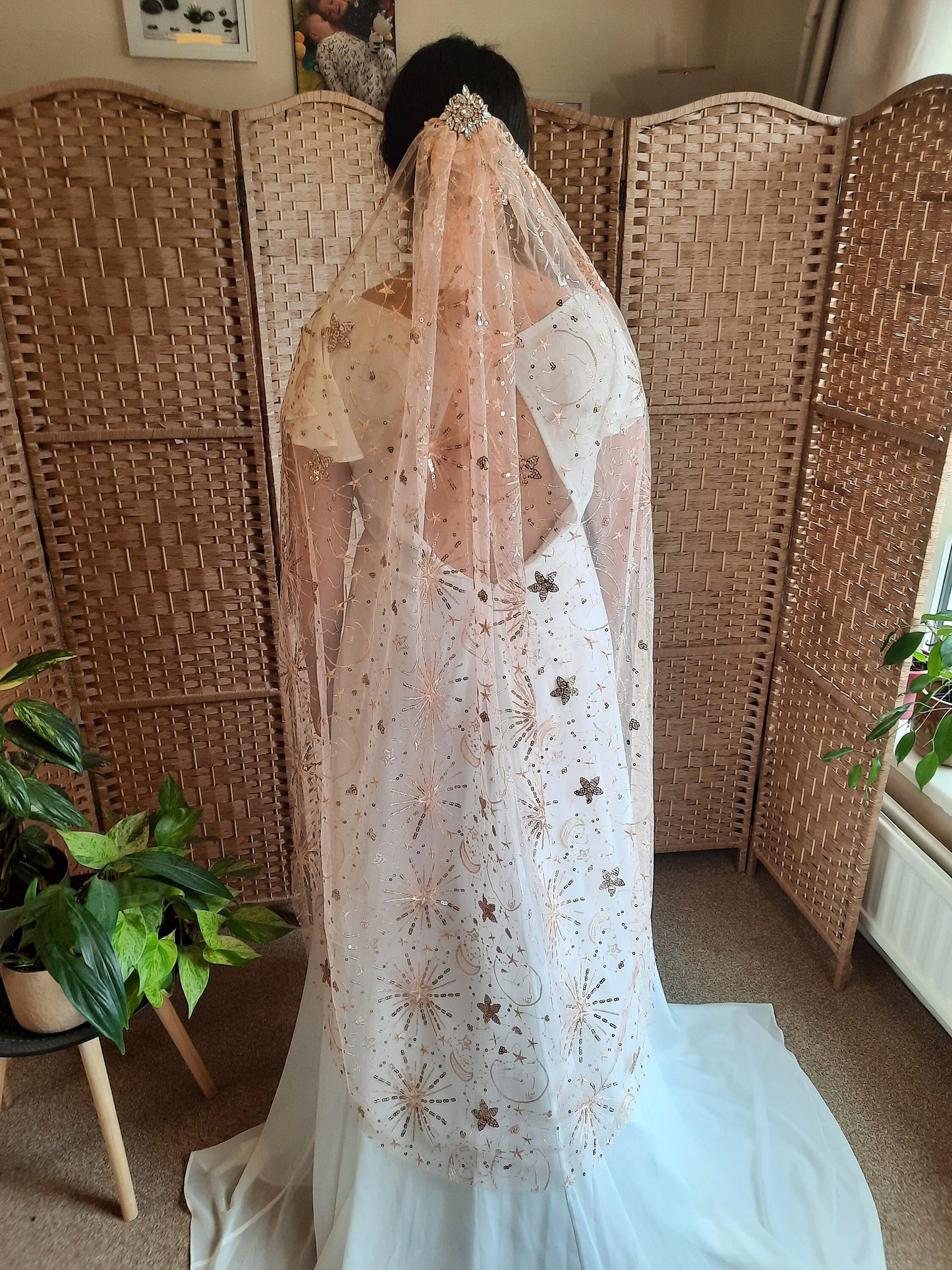 Rose gold celestial veil - Star Crossed Lovers in Rose Gold / Starry Veil / Star Cape / Pink Bridal Cover up / Sequined Cape