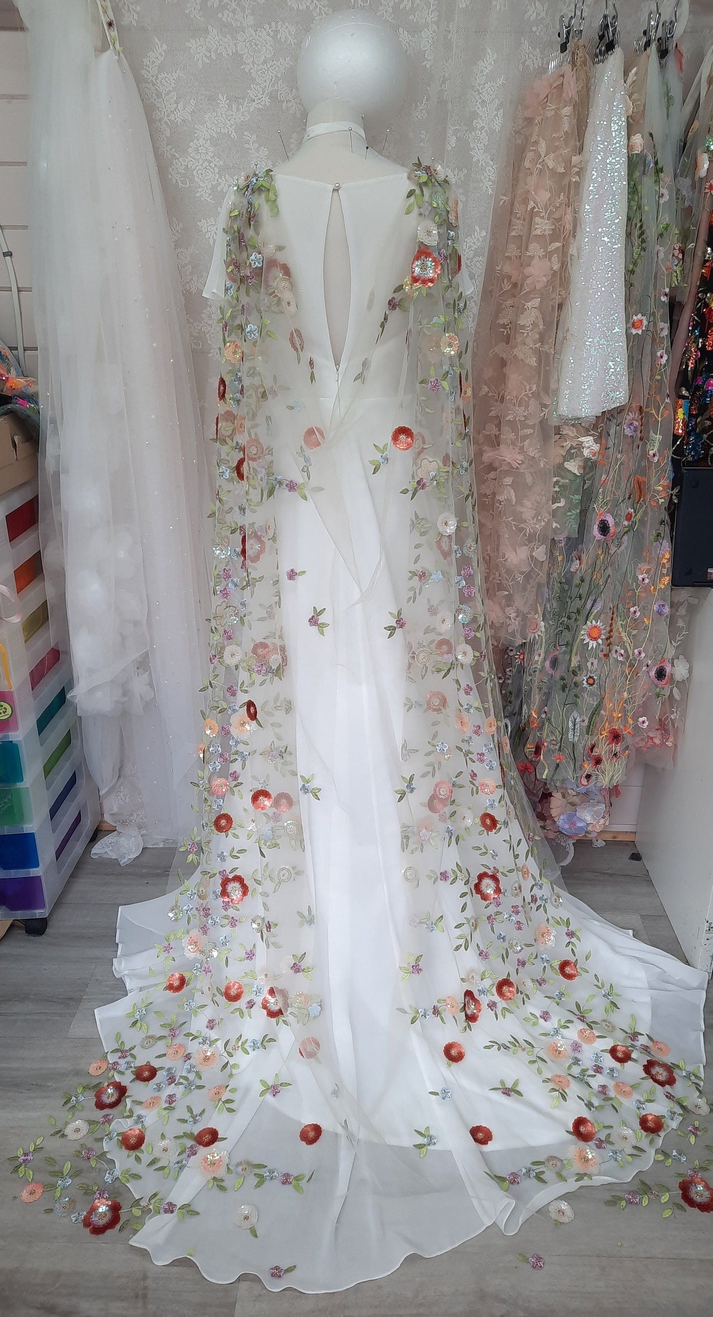 Floral sequin bridal cape / Back -reveal bridal cape / Woodland wedding Cape / 'Ottilie' fabric