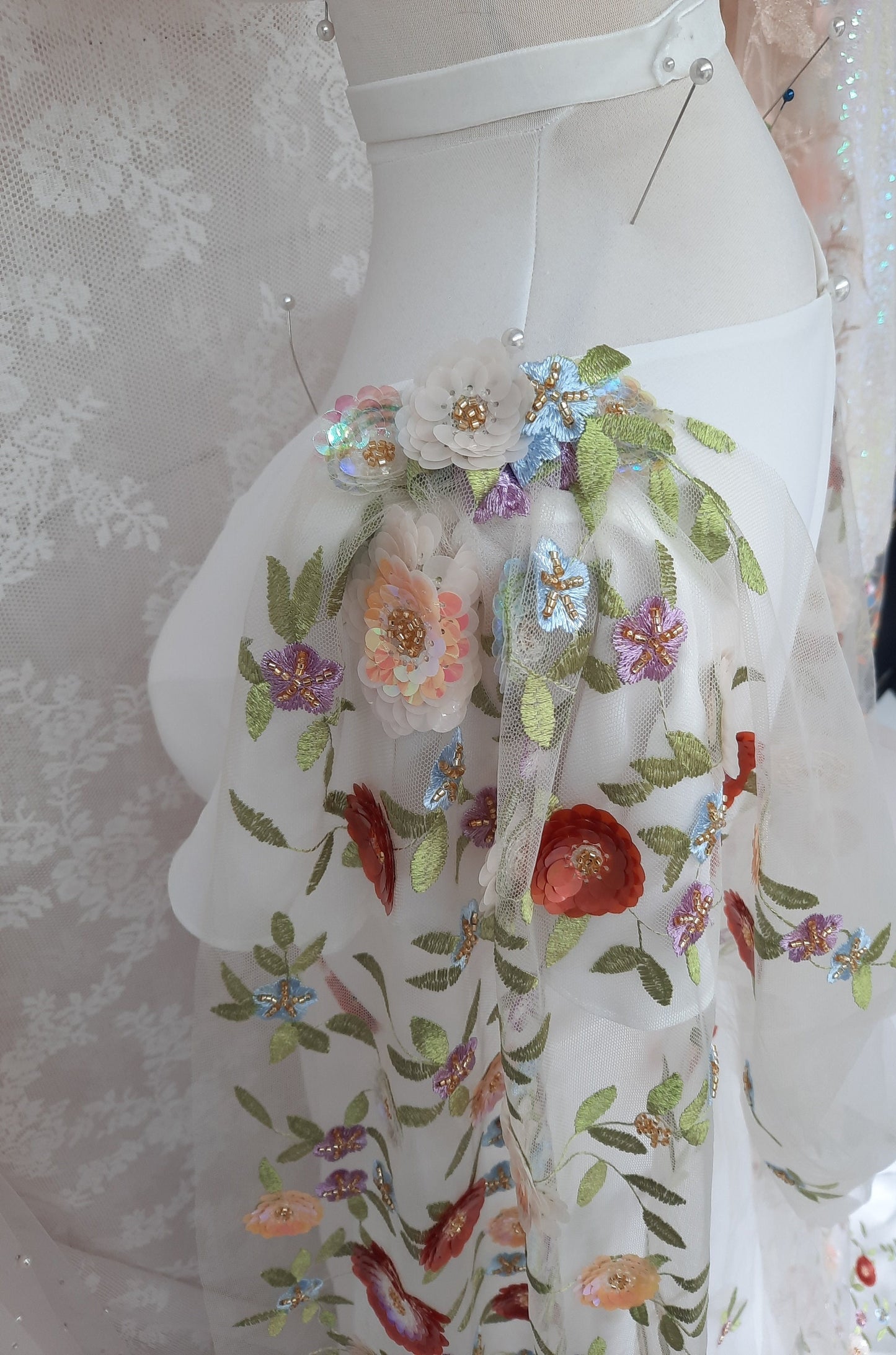 Floral sequin bridal cape / Back -reveal bridal cape / Woodland wedding Cape / 'Ottilie' fabric