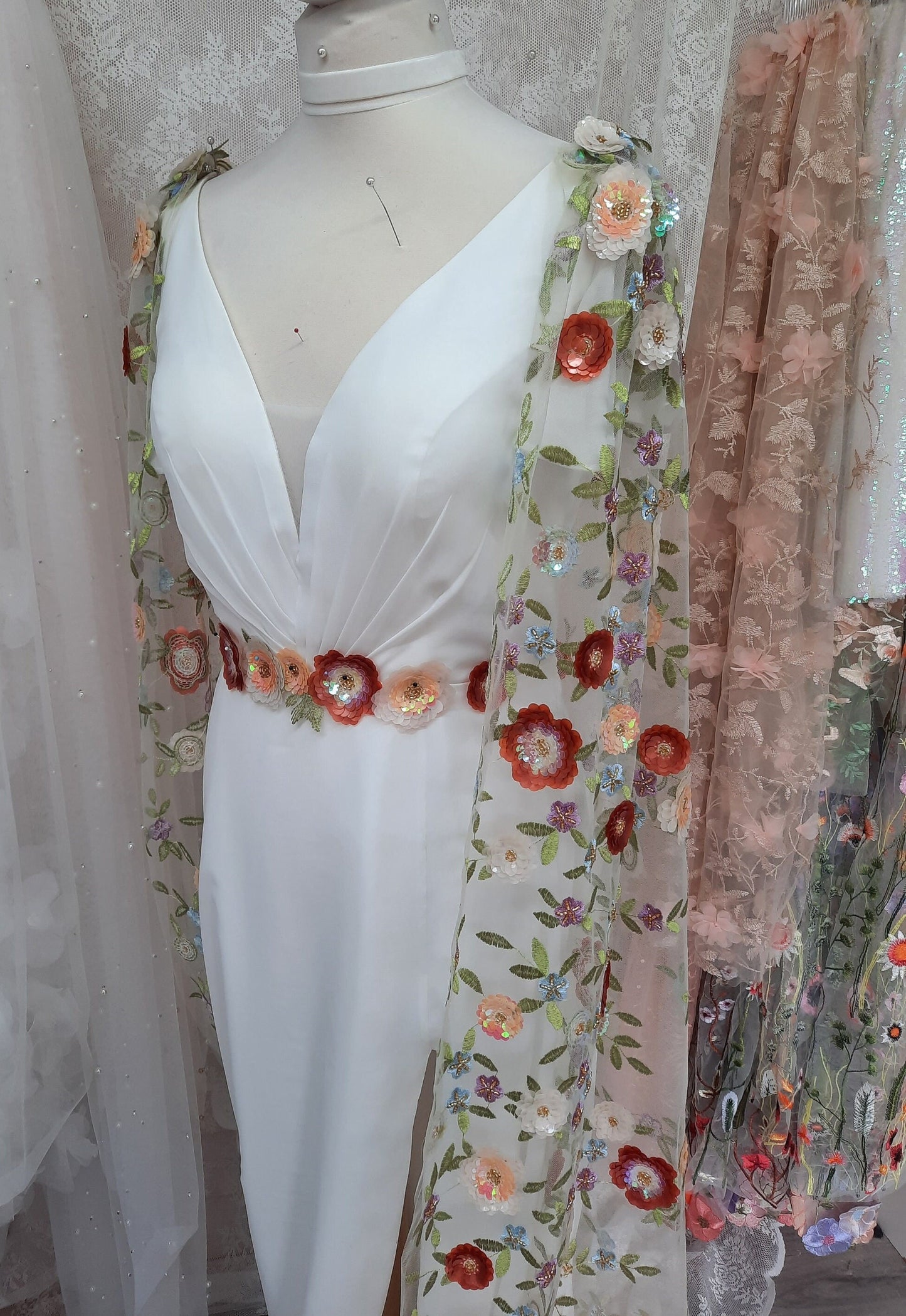 Floral sequin bridal cape / Back -reveal bridal cape / Woodland wedding Cape / 'Ottilie' fabric