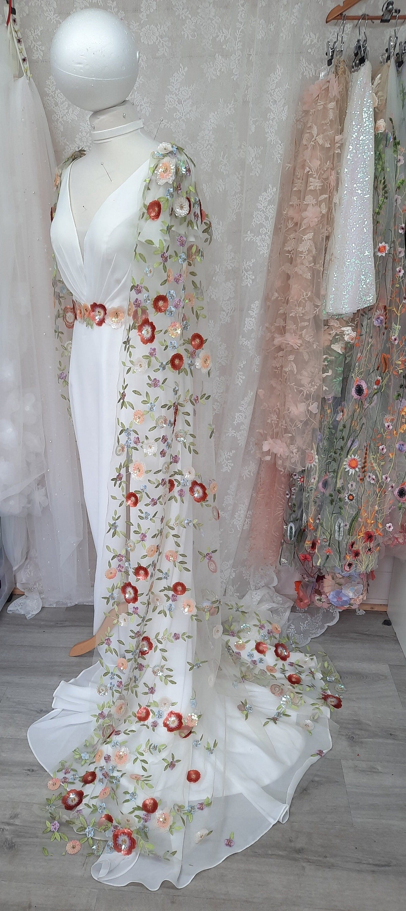 Floral sequin bridal cape / Back -reveal bridal cape / Woodland wedding Cape / 'Ottilie' fabric