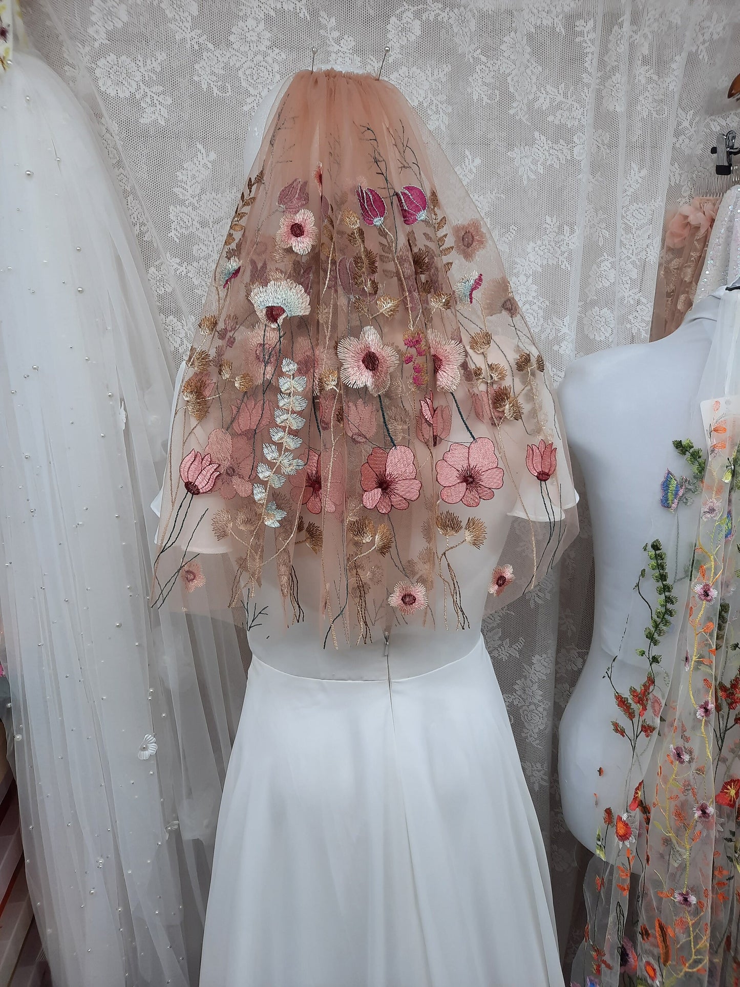 Dawn- Golden Rose wildflower veil / Veil with embroidered flowers / Alternative bridal veil / Woodland wedding veil.