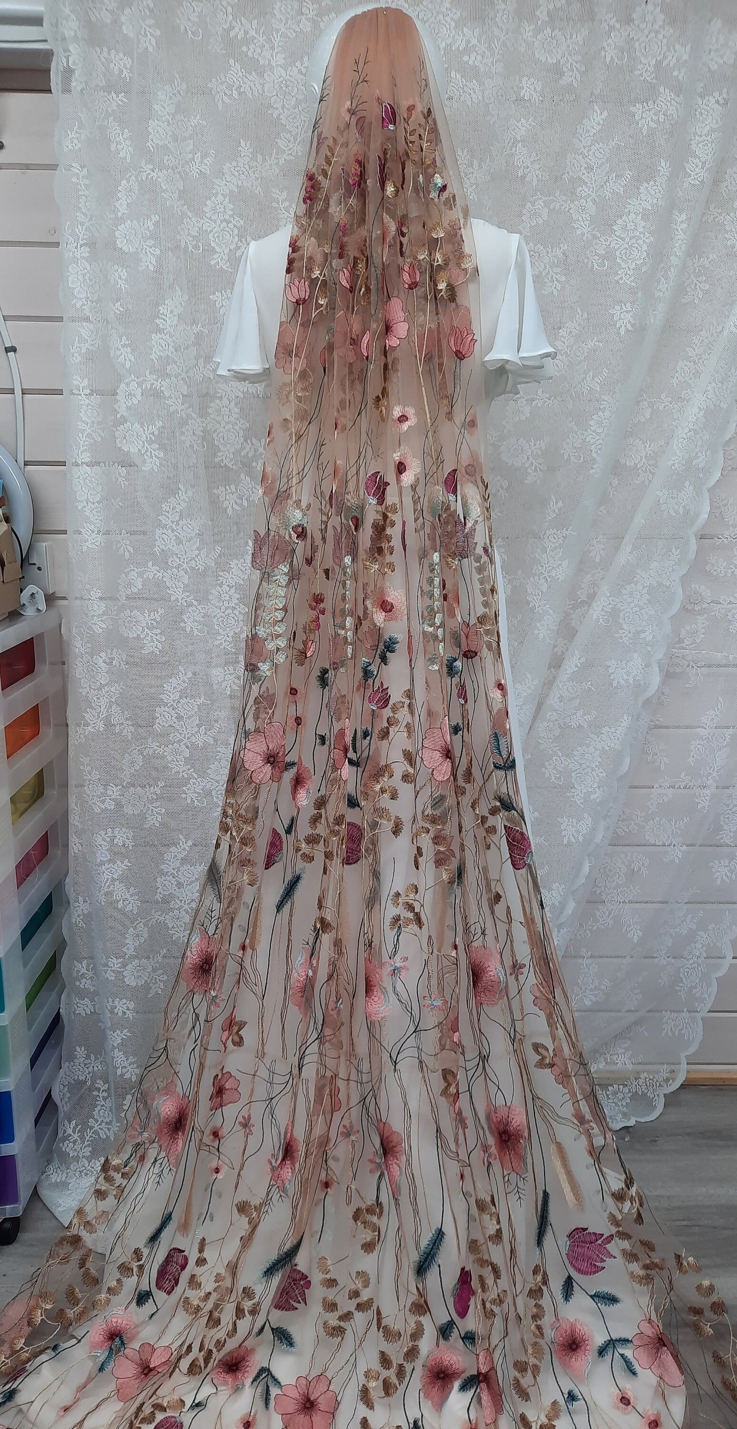 Dawn- Golden Rose wildflower veil / Veil with embroidered flowers / Alternative bridal veil / Woodland wedding veil.