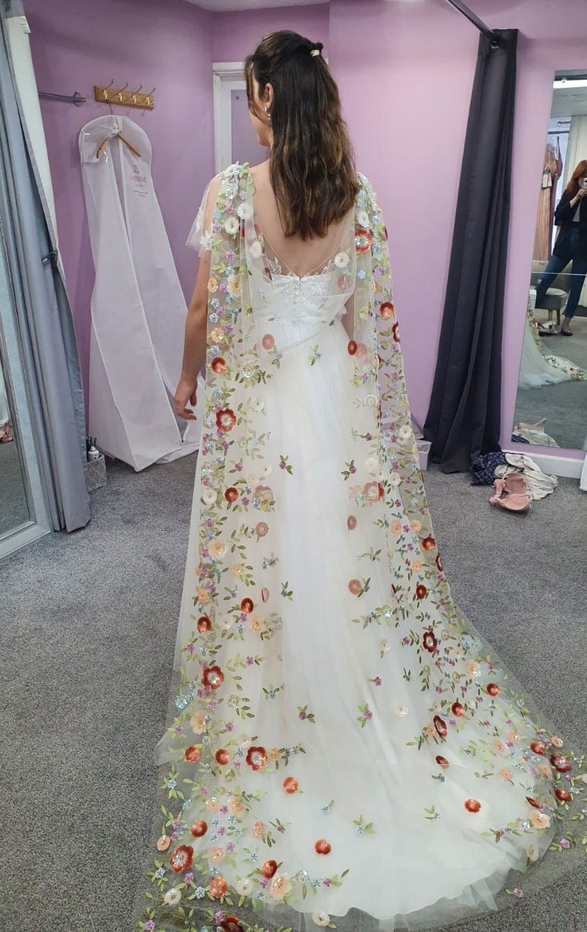 Floral sequin bridal cape / Back -reveal bridal cape / Woodland wedding Cape / 'Ottilie' fabric