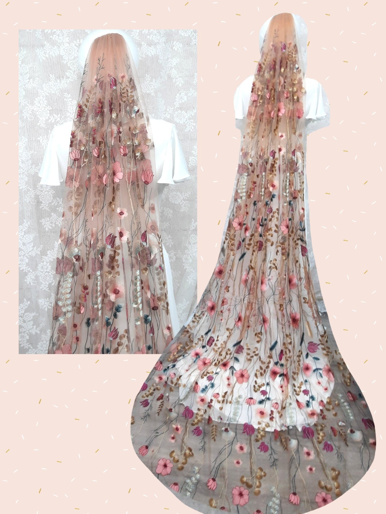 Dawn- Golden Rose wildflower veil / Veil with embroidered flowers / Alternative bridal veil / Woodland wedding veil.