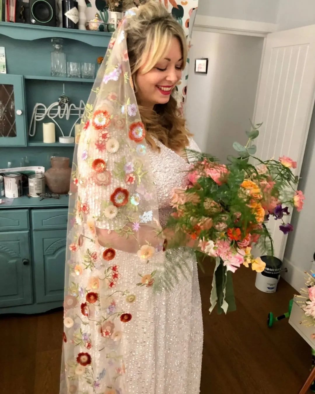 Embroidered floral wedding veil with sequins and beads - Alternative Bridal Veil