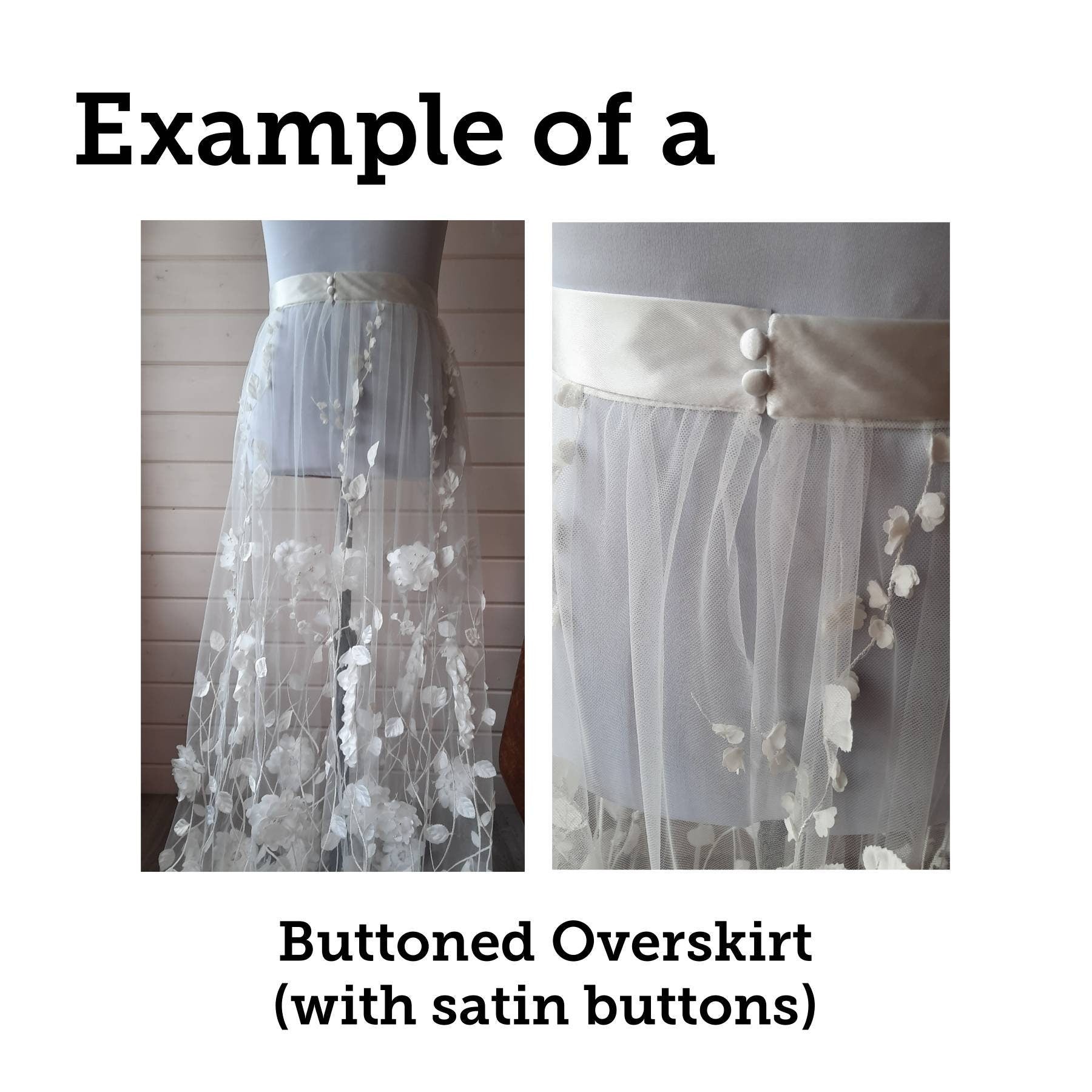 Floral bridal overskirt in off-white. Embroidered tulle with trailing flowers and leaves. Winter Woodland over skirt.