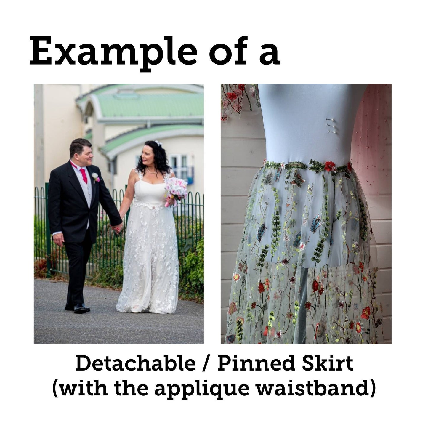 Floral bridal overskirt in off-white. Embroidered tulle with trailing flowers and leaves. Winter Woodland over skirt.