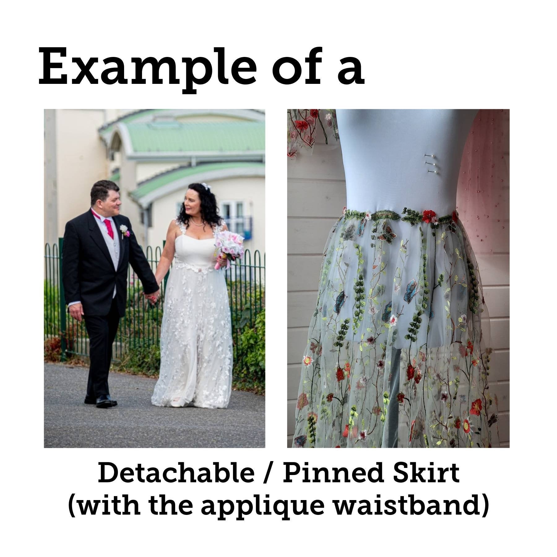 Floral bridal overskirt in off-white. Embroidered tulle with trailing flowers and leaves. Winter Woodland over skirt.