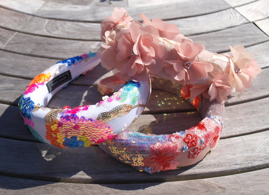 Floral embroidered headband / padded headband / Embroidered alice band / Bridal headband / Festival headband / Colourful sequin headband