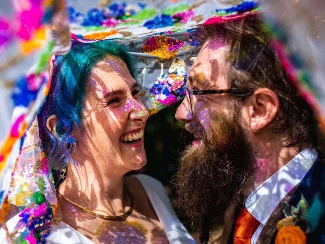 Beautiful rainbow sequin veil. Colourful alternative bridal veil. 'Xanthe'.