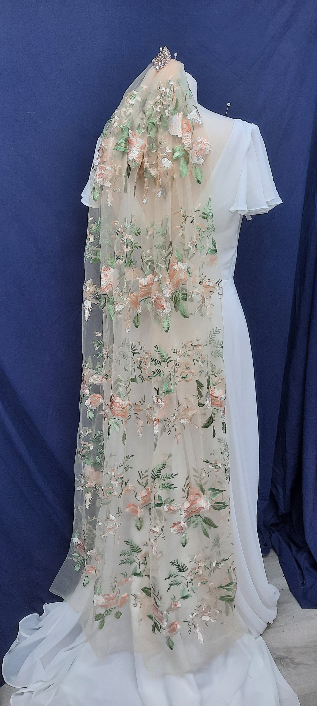 Antique rose veil or cape. Peach floral veil, pale nude, ivory floral veil. Veil with embroidered flowers. Alternative bridal veil.