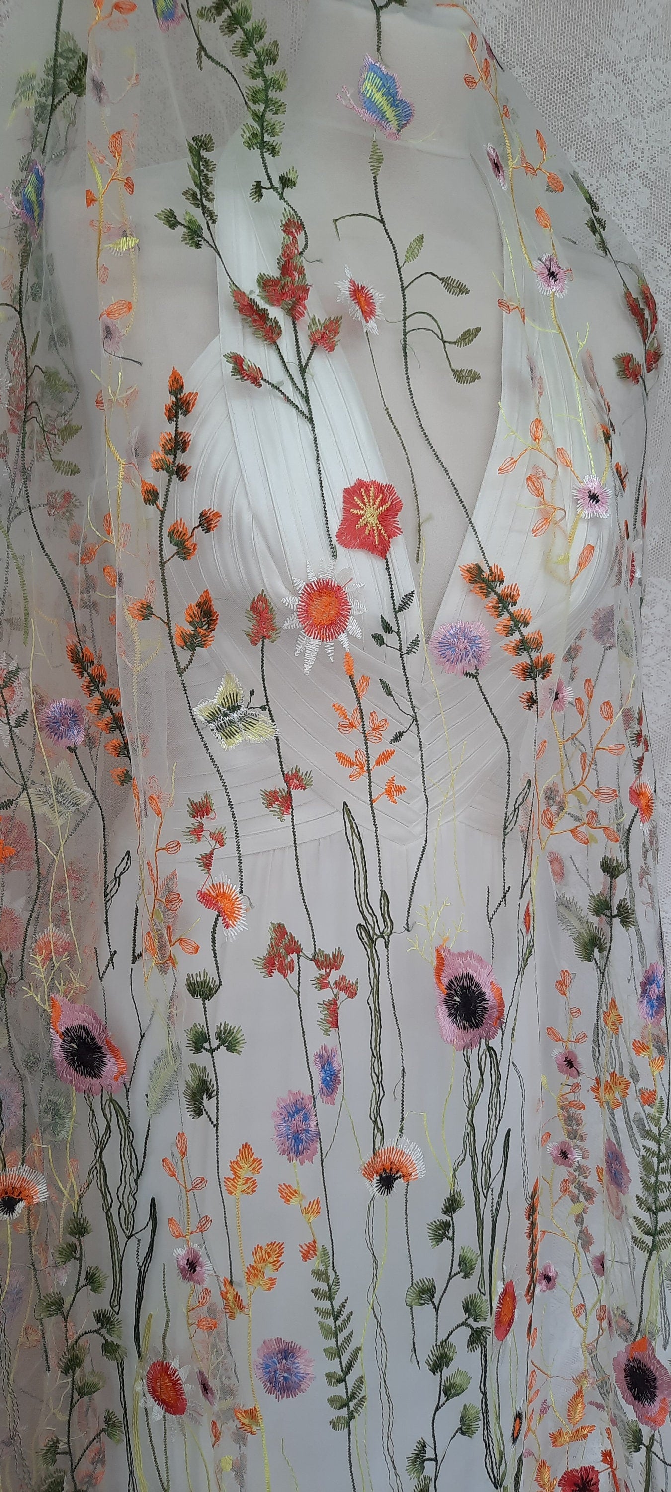 Orange Wildflower Embroidered Wedding Veil, Floral Bridal Veil