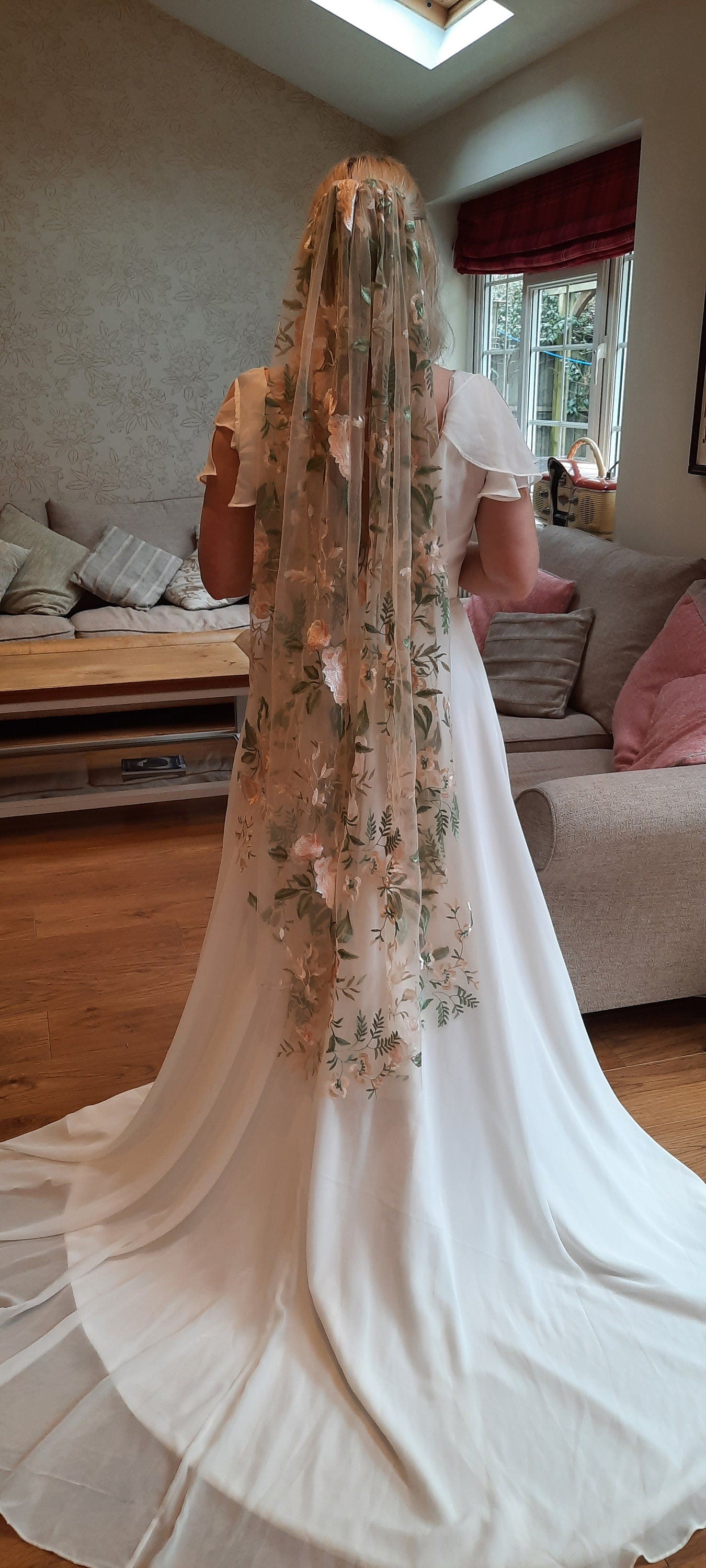 Antique rose veil or cape. Peach floral veil, pale nude, ivory floral veil. Veil with embroidered flowers. Alternative bridal veil.