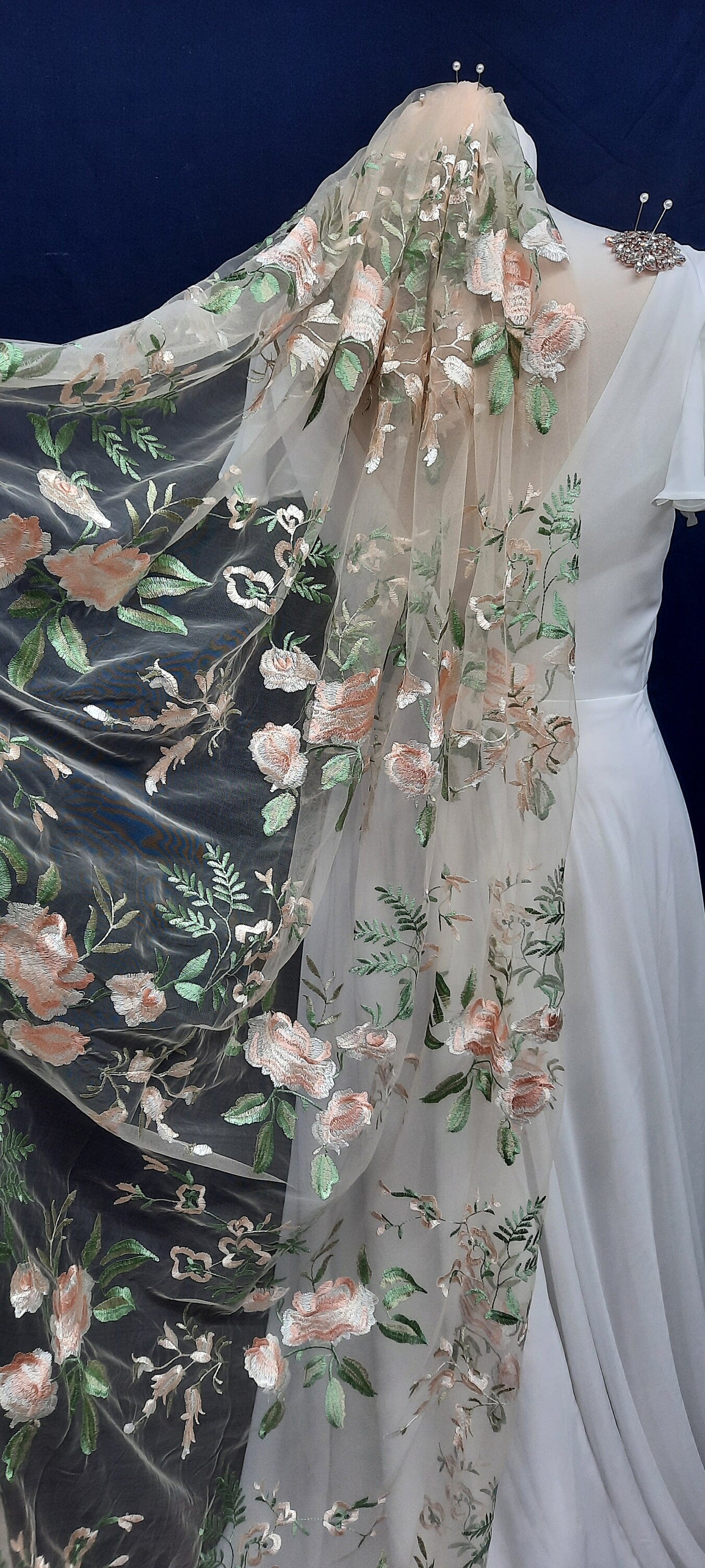 Antique rose veil or cape. Peach floral veil, pale nude, ivory floral veil. Veil with embroidered flowers. Alternative bridal veil.
