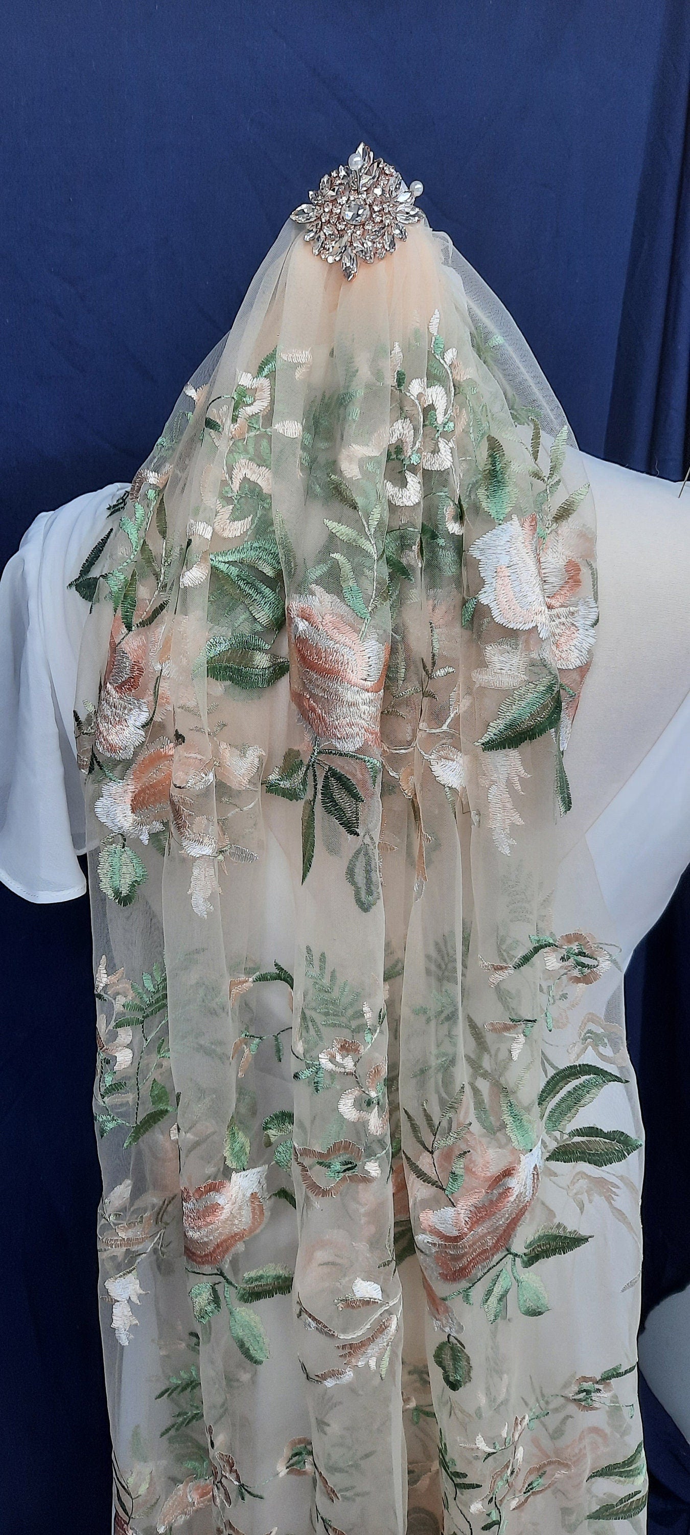 Antique rose veil or cape. Peach floral veil, pale nude, ivory floral veil. Veil with embroidered flowers. Alternative bridal veil.