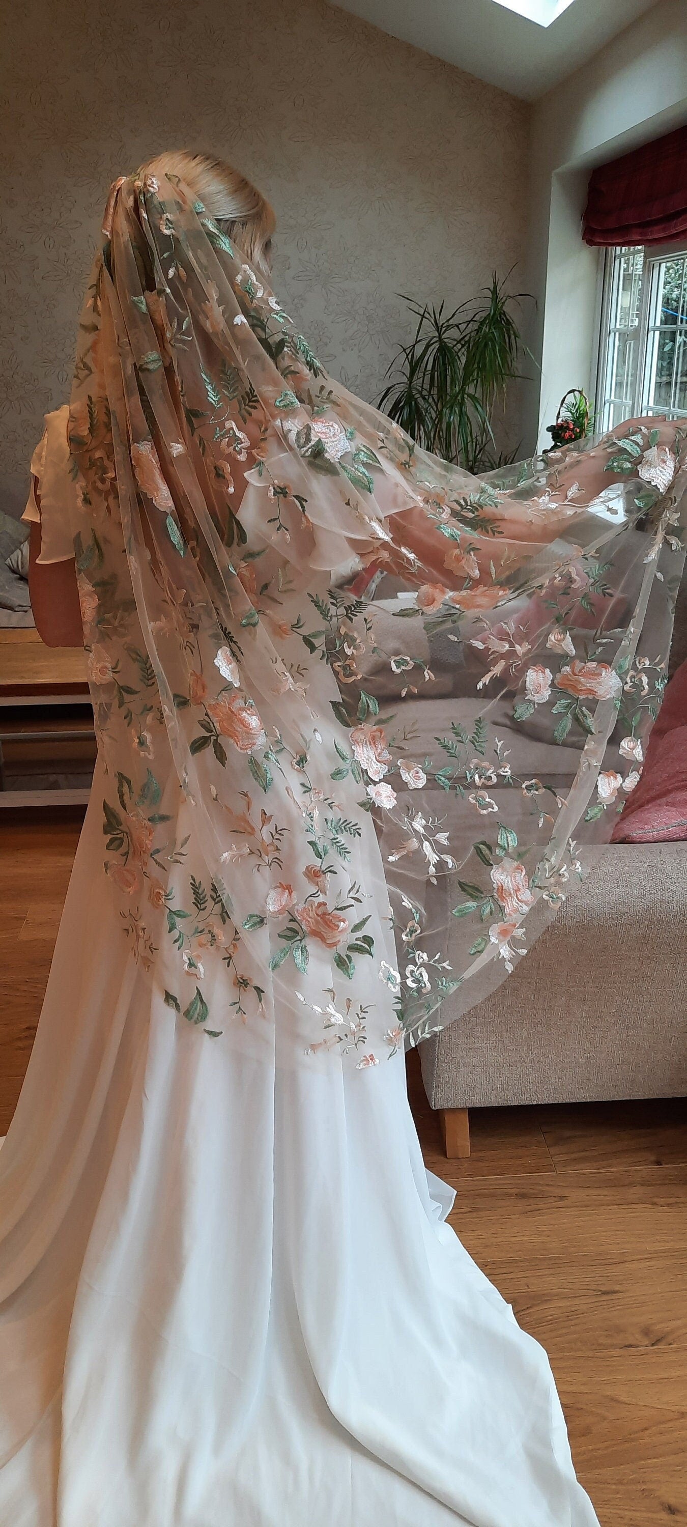 Antique rose veil or cape. Peach floral veil, pale nude, ivory floral veil. Veil with embroidered flowers. Alternative bridal veil.