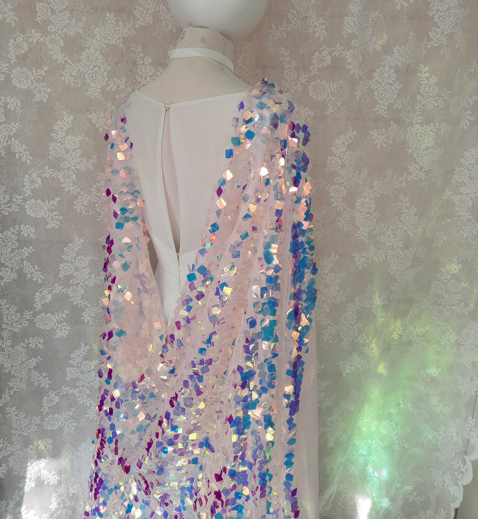 Iridescent Sequin Bridal Cape: Aurora Pastel Wedding Wear