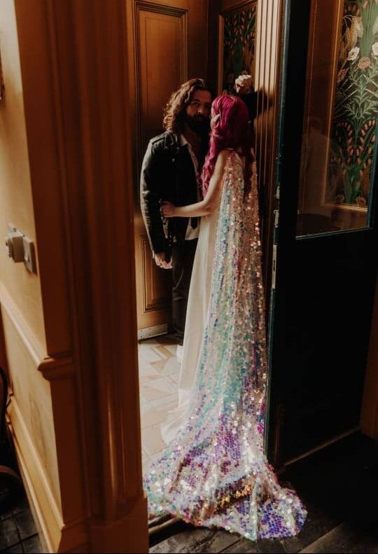 Iridescent Sequin Bridal Cape: Aurora Pastel Wedding Wear