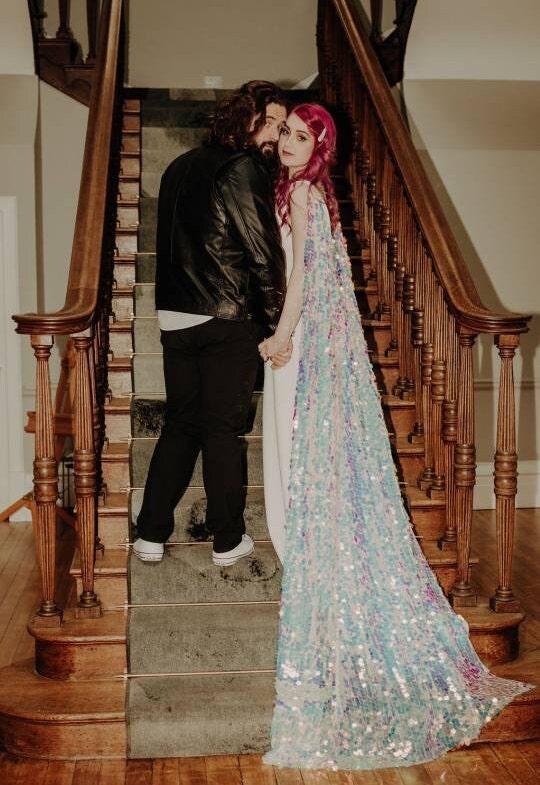 Iridescent Sequin Bridal Cape: Aurora Pastel Wedding Wear