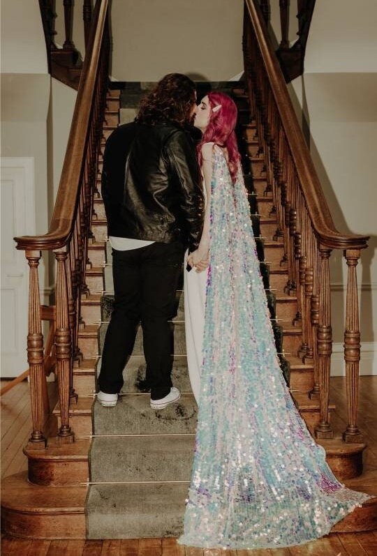 Iridescent Sequin Bridal Cape: Aurora Pastel Wedding Wear