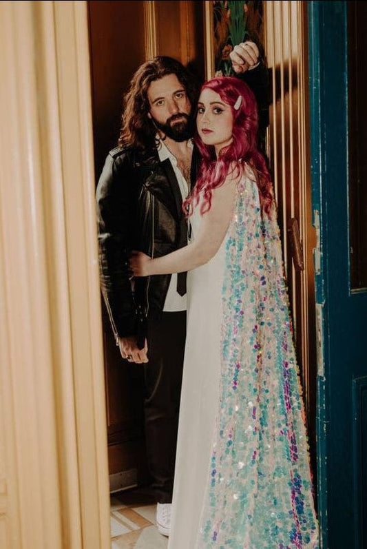 Iridescent Sequin Bridal Cape: Aurora Pastel Wedding Wear
