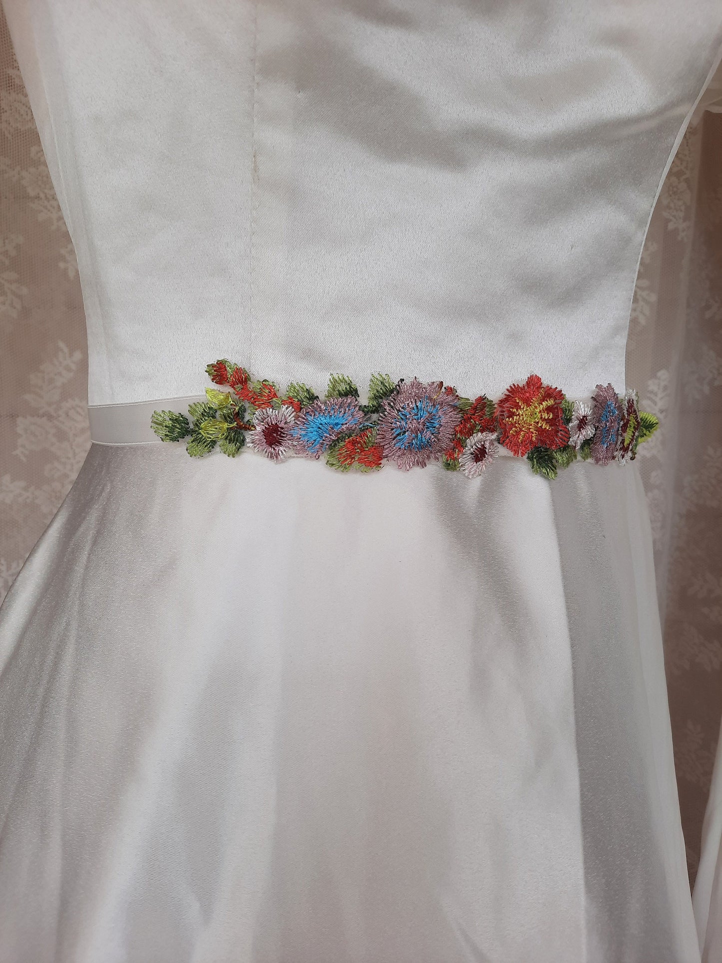 Mini Floral Embroidered Bridal Belt Sash with Ivory Ribbon